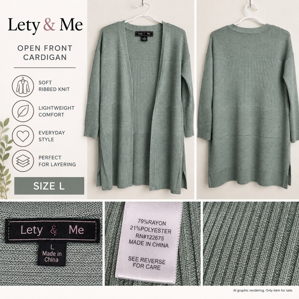 Lety & Me Large Open Front Cardigan Sage Green Ribbed Knit Coastal Cottagecore